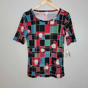 LulaRoe Santa Claus Holiday Christmas Gigi Short Sleeve Fitted Shirt Size L NWT